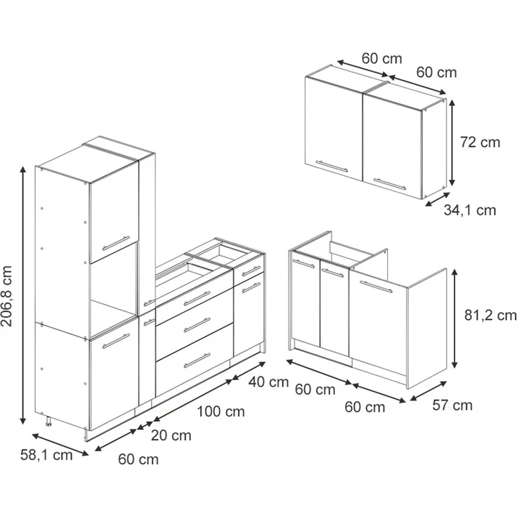 Küchenzeile Fame-Line Dunkelgrau/Goldkraft Eiche 220x120 cm ohne Arbeitsplatte Vicco – Bild 2