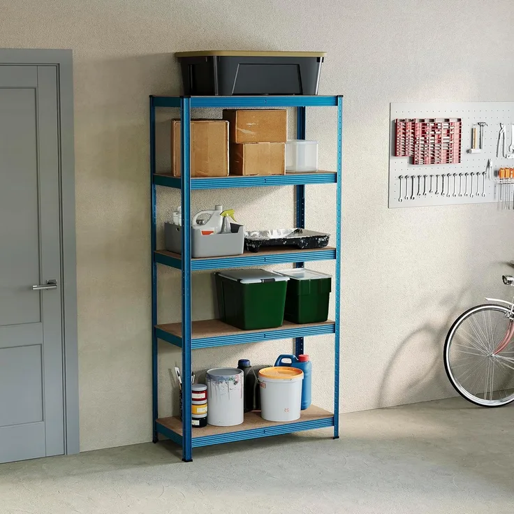 Home Vida Regal mit 5 Ablagen, Hochregal, Nietenlos, Industrie, Lagerung, Stahl, Blau, Groß