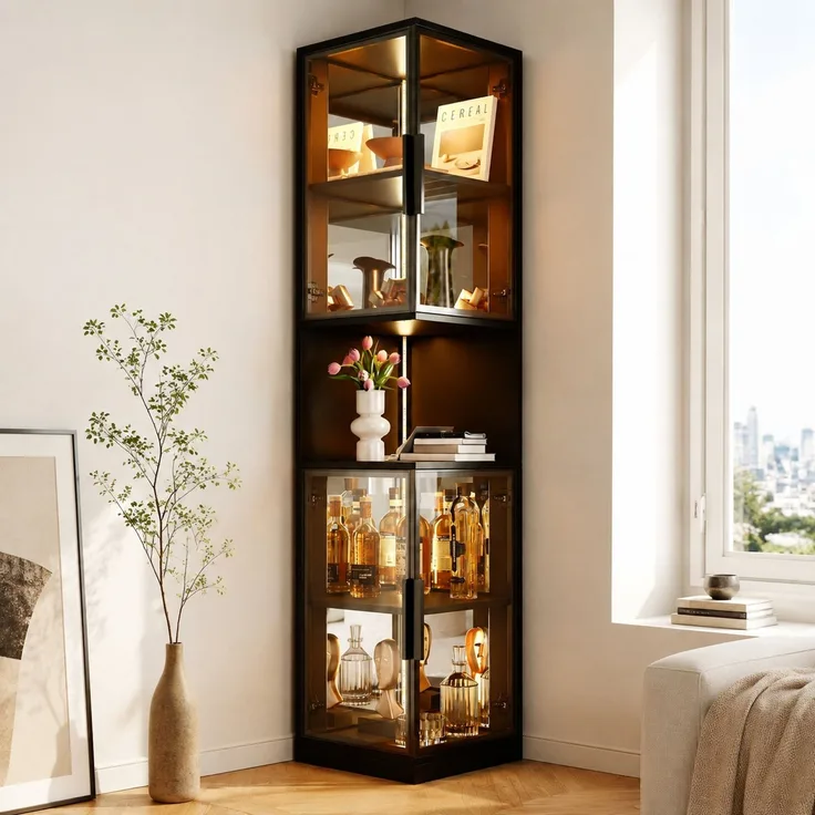 Vitrinenschrank 42 x 44 x 205 cm in Schwarz mit LED-Beleuchtung und Glastüren