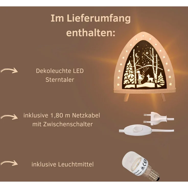 Weigla Lichterbogen LED Sterntaler, Holz Dekolampe, Märchen, NATUR-BRAUN, Made in Germany (1-tlg), Erzgebirge garantiert, Weihnachtsdeko Innen, Weihnachtsbeleuchtung – Bild 2
