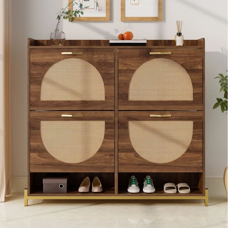 DESVIAE Garderobenschrank Schuhschrank Nussbaum aus MDF – 108,5x100x24 cm – 4 Klappen, Rattan-Optik – Bild 5