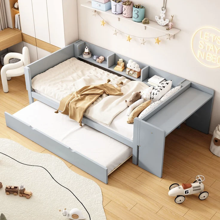 Kinderbett 90x200 cm mit ausziehbarem Rollbett, Schreibtisch & seitlichen Regalen, Funktionsbett aus Kiefernholz Grau – Bild 2