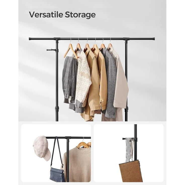 SONGMICS Kleiderständer auf Rollen, Kleiderstange, höhenverstellbar zwischen 97 und 165 cm, ausziehbare Garderobenstange, Garderobenständer, seitliche Haken für Accessoires, schwarz LLR001B01 – Bild 7