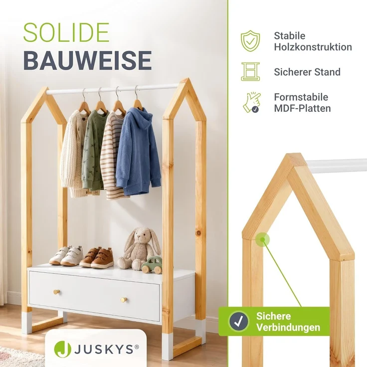 Juskys Kinder Kleiderständer Filla - große Schublade, Kleiderstange, offener Ständer - Kindergarderobe aus Holz - Mädchen & Jungs - Garderobe Weiß – Bild 7