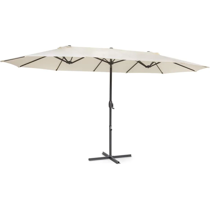 Blumfeldt Twin Peaks - Sonnenschirm Sonnenschutz, Maße: 456 x 245 x 268 cm (BxHxT), Material: Polyester, UV-Schutzfaktor 50, wasserabweisend, Aluminium-Standbein, Rostschutz, inkl. Standbasis, creme