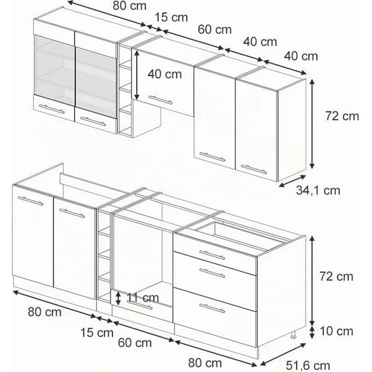 Küchenzeile Fame-Line Weiß Landhaus 235 cm ohne Arbeitsplatte Vicco – Bild 3