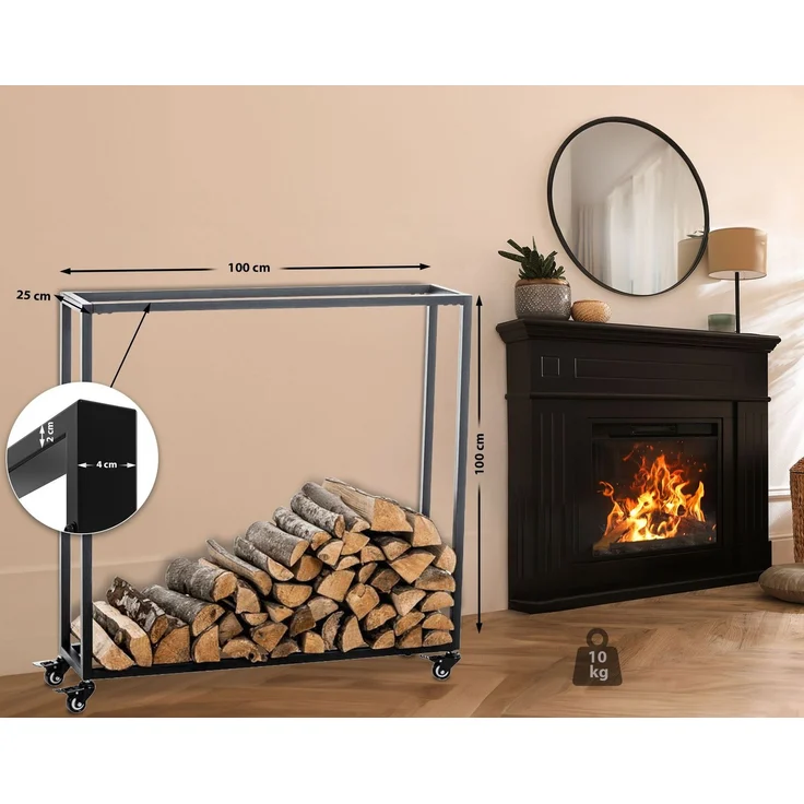 DELUKE® Kaminholzregal innen Metall BETTA - mit Rollen, 25x100x100 Brennholzregal innen Kaminholzständer Kaminholzhalter Feuerholzregal Innen Holz stapeln Wohnzimmer – Bild 7