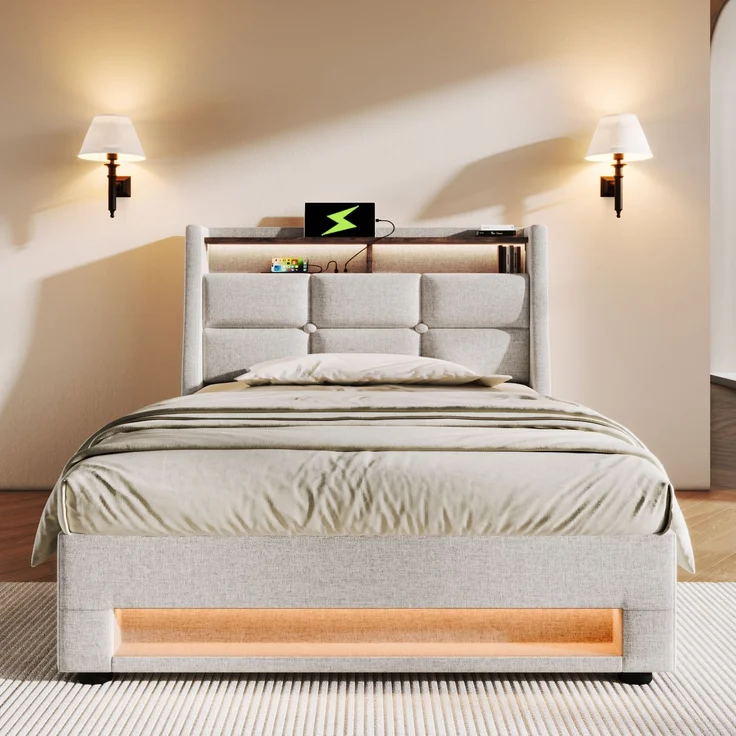 Polsterbett 90x200 cm Einzelbett mit LED-Beleuchtung, USB-Ladestation, Lattenrost und Stauraum, Leinen, Beige – Bild 5