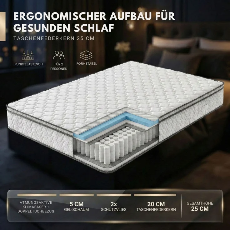 VIKTORIA Taschen Federkernmatratze 100x200 cm - Integrierter Topper; 25cm Höhe; H4, H3, H2 Misch-Härtegrad; 7 Zonen Matratze - Taschenfederkernmatratze mit hoher Punktelastizität – Bild 6
