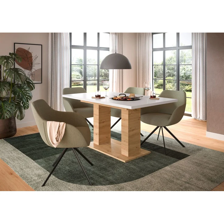 Ausziehbarer Esstisch (B/H/T): 150-190x76x80 in Artisan Nachbildung und weiß Nachbildung mit Doppelsäulen-Fußgestell – Bild 4