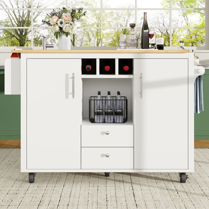 Merax Kücheninsel, Buffetschrank, Küchenschrank, Küchenwagen und klappbarer Arbeitsplatte mit Handtuchhalter Gewürzregal Türregal Weinregal und verstellbaren Einlegeböden, weiß – Bild 3