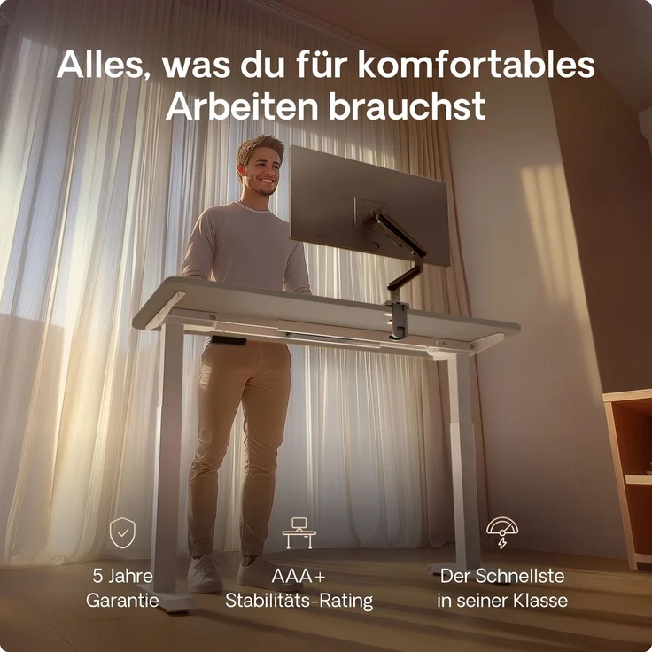 Desktronic HomeOne Elektrisch höhenverstellbarer Schreibtisch 120x60cm Weiß/Grau mit Memory-Funktion, Anti-Kollisions Technologie, USB-A und USB-C-Ladeanschlüssen – Bild 2