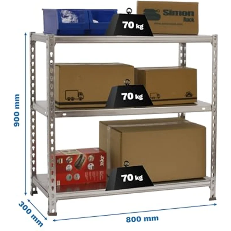Simon Rack Schwerlastregal, 900 x 800 x 300 mm, Bis 70 kg Belastbar, 3 Verstellbare Ablagen, Kellerregal, Lagerregal, Verzinkt - Ecoclick – Bild 3