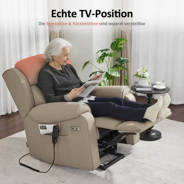 M MCombo 4-Motoren-Fernsehsessel mit Aufstehhilfe Elektrisch, Elektrische Lenden- & Kopfstütze 165°Zero-Gravity Sessel mit Aufstehhilfe, Massage & Heizung 7558 (Mikrofaser, Beigebraun) – Bild 2