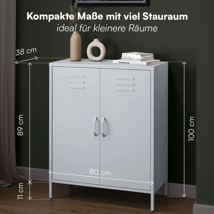 skølm 'Atria' Metallkommode, grau, 100x38x80 cm, Metallschrank mit 3 Fächern – Bild 6