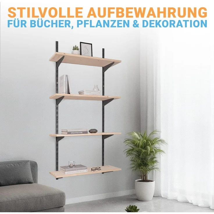 BOOMET Wandregal Metall Regal mit Fichtenböden · Regalsystem in 50 Größen ·, 80 15-tlg, Bausatz · Wandschienen Regalsystem · Regalträger Schienensystem – Bild 6