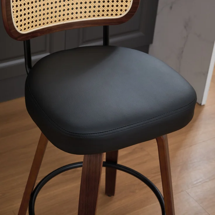 Flieks Barhocker 3er Set, drehbar, Rattan-Geflecht Rückenlehne, Walnuss Holzgestell, Sitz PU Leder Schwarz, mit Fußstütze – Bild 8