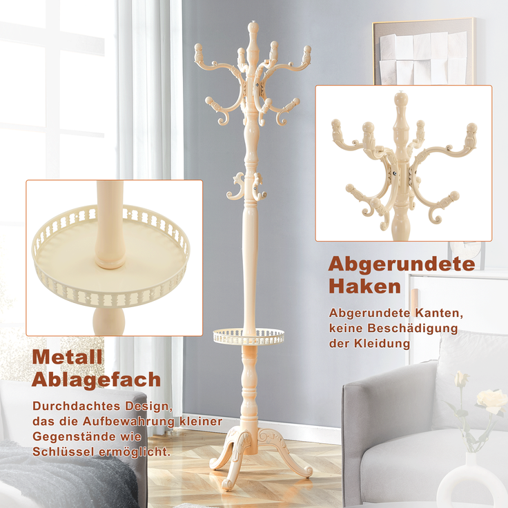 Kleiderständer 195x50x48 cm, cremeweißes Massivholz mit Mehrfachhaken – Bild 6
