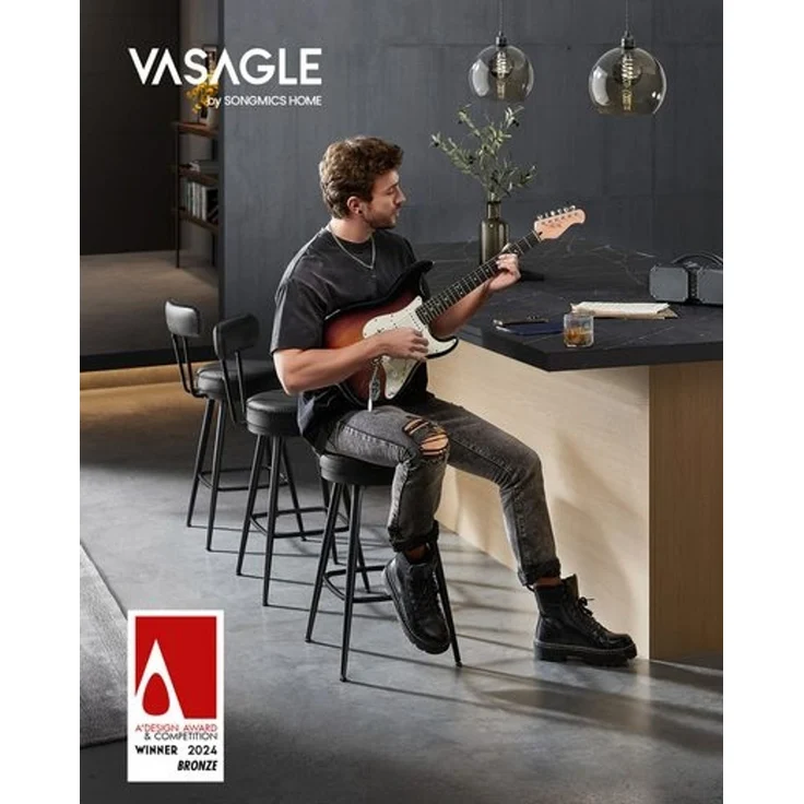 VASAGLE EKHO Kollektion - 360° drehbarer Barhocker, 2er Set, Hocker mit Rückenlehne für Kücheninsel, Kunstleder mit Nähten, Mid-Century-Modern-Stil, 65 cm hoch, Küche, Hausbar, tintenschwarz – Bild 2