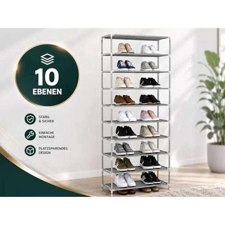 YaLiva_Decor® Schuhregal Höhenverstellbar, Aufbewahrungssystem für bis 35 Paar Schuhe, Metall grau, 55 x 27 x 155 cm – Bild 5