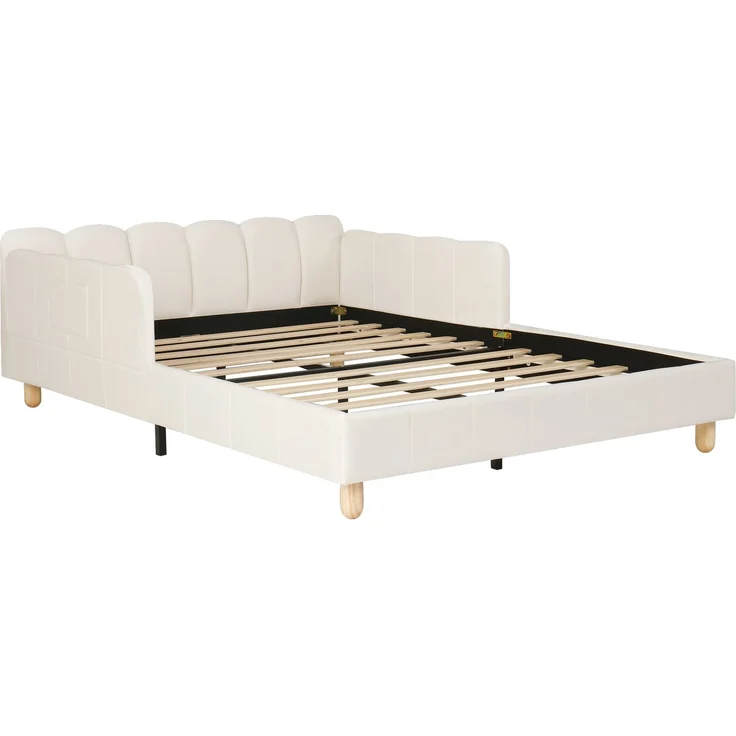Merax Polsterbett, Kinderbett 140x190 cm, Bett mit und gepolstertes Kopfteil und Rausfallschutz, Bettbeine aus Massivholz, Samt, beige – Bild 9