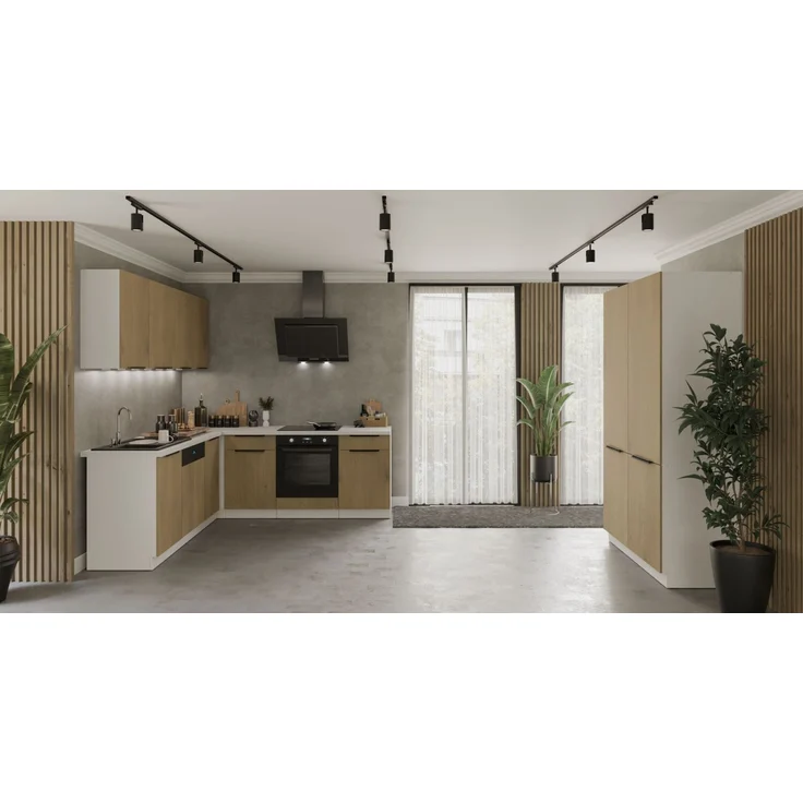 Winkelküche CREMONA ECKE 1 - 215 x 220 + 120 cm Eiche hell Küchenzeile Küchenblock Singleküche Einbauküche Küche Eckküche – Bild 1