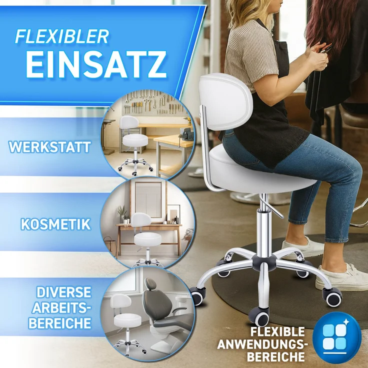 TRESKO® Rollhocker mit Lehne Weiß | Arbeitshocker höhenverstellbar 47-60 cm | Drehhocker mit Rollen | Bürostuhl Hocker Drehstuhl Kosmetikhocker – Bild 4