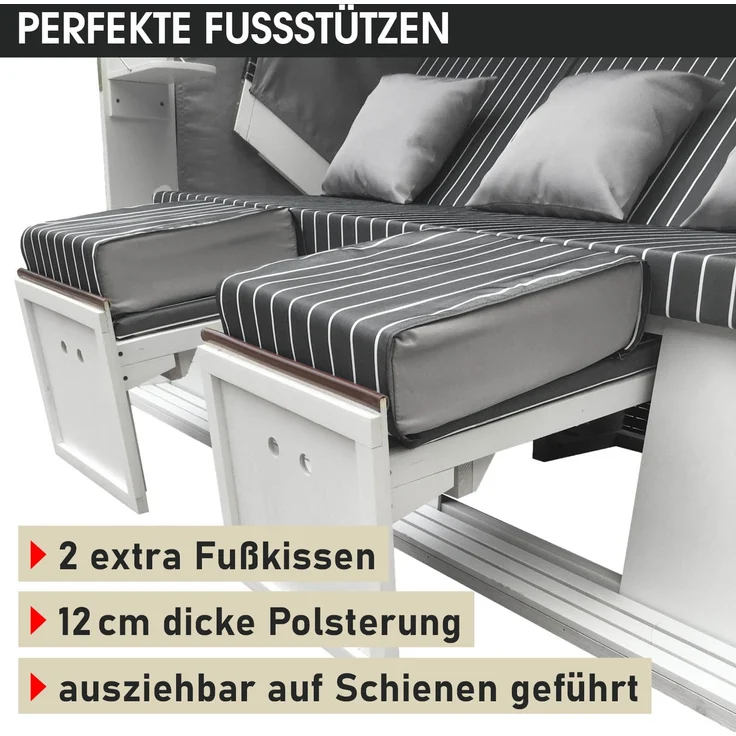 'Brast' 3-Sitzer Strandkorb gestreift XXL inkl. Schutzhülle, Poly-Rattan anthrazit/grau, 160 cm – Bild 9