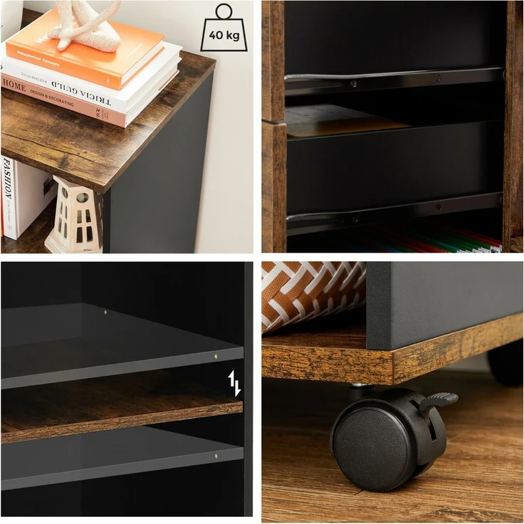 Vasagle Aktenschrank, Rollcontainer, frei beweglich, mit Rollen und 3 Schubladen, Industriestil, vintagebraun-schwarz, 80 x 40 x 66 cm (L x B x H) – Bild 4