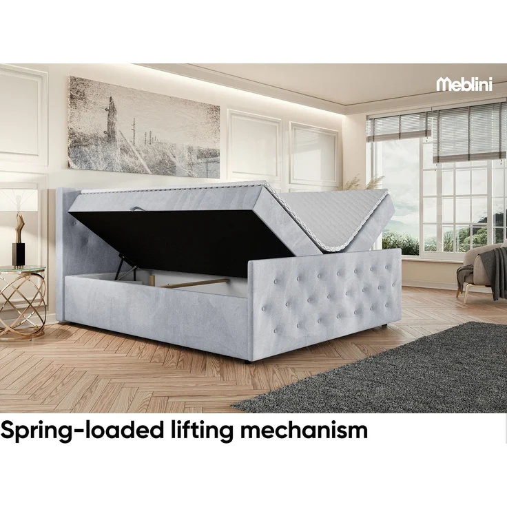 MEBLINI Boxspringbett PEDRO 160x200cm - H3B/Hellgrau Samt - mit Bettkasten - Polsterbett - Doppelbett mit Topper & Bonellfederkern-Matratze – Bild 3