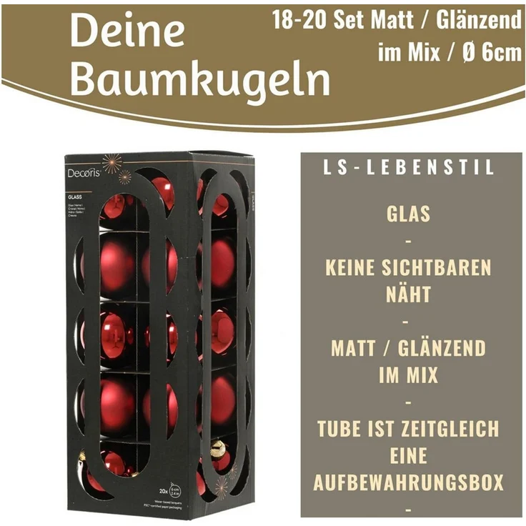 LS-LebenStil Weihnachtsbaumkugel 18-20 Design Glas Weihnachtskugeln 6cm Rot Ochsenblut Christbaum Deko (18 St), Edle Weihnachtsdeko Matt / Glänzend Weihnachtsbaumschmuck Deko Kugeln – Bild 2
