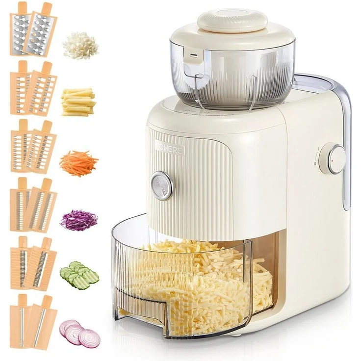FOHERE Multireibe Elektrische Multifunktionsreibe mit 6 Klingen und 1,8-Liter-Behälter, (1-St), geeignet zum Zerkleinern von Gemüse, Obst und Nüssen. Multireibe – Bild 5