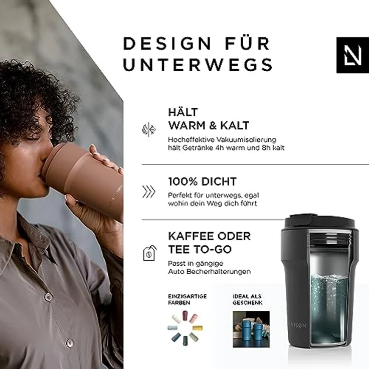 LARS NYSØM Thermo Kaffeebecher to go 380ml | Travel Mug 0,38 Liter mit Isolierung | Auslaufsicherer Edelstahl Thermobecher für Kaffee und Tee unterwegs | Teebecher in Carbon Black, 380ml – Bild 2