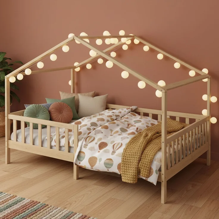 Bellabino 'Bia' Hausbett 140x200 cm, natur, Kiefer Massivholz, Montessori Kinderbett mit Rausfallschutz und Lattenrost – Bild 1