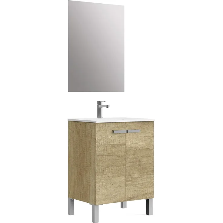 Baikal NEO, Melamin 16 mm Keramikwaschbecken Badezimmermöbel mit Waschbecken und Spiegel badmöbel mit lavab, Natur, 60 cm
