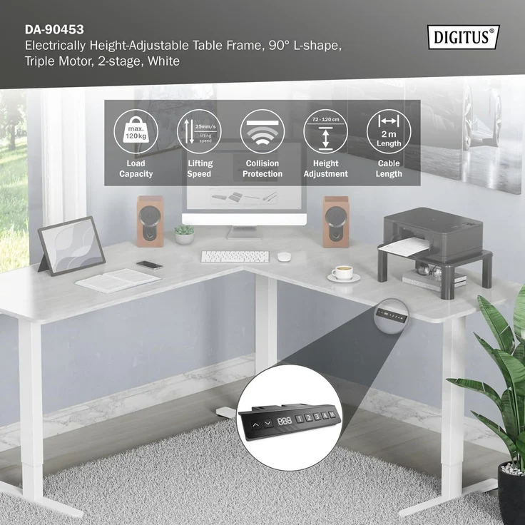 DIGITUS Elektrisch Tischgestell, 90 Grad L-Form, Triple-Motor,Weiß – Bild 7