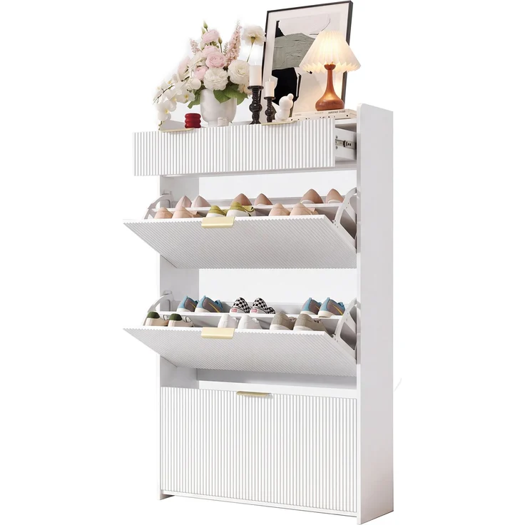 ZUBALIYA Schuhschrank (80 x 25 x 135 cm), 3 Klappfächer und 2 Schubladen, Aus Spanplatte, Stauraum für Flur und Eingangsbereich, Weiß – Bild 14