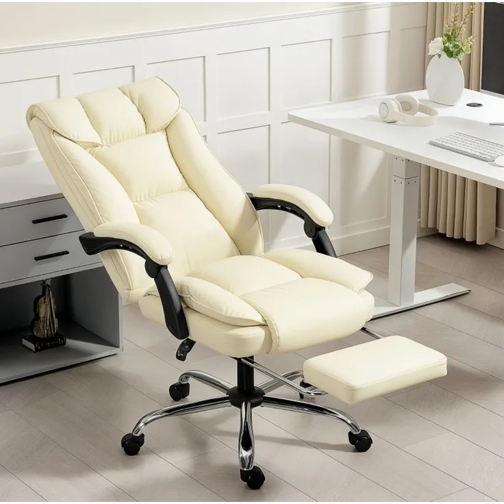 Bürostuhl 66x72x113-121 cm mit Fußstütze, verstellbarer Rückenlehne und Kunstleder in Beige