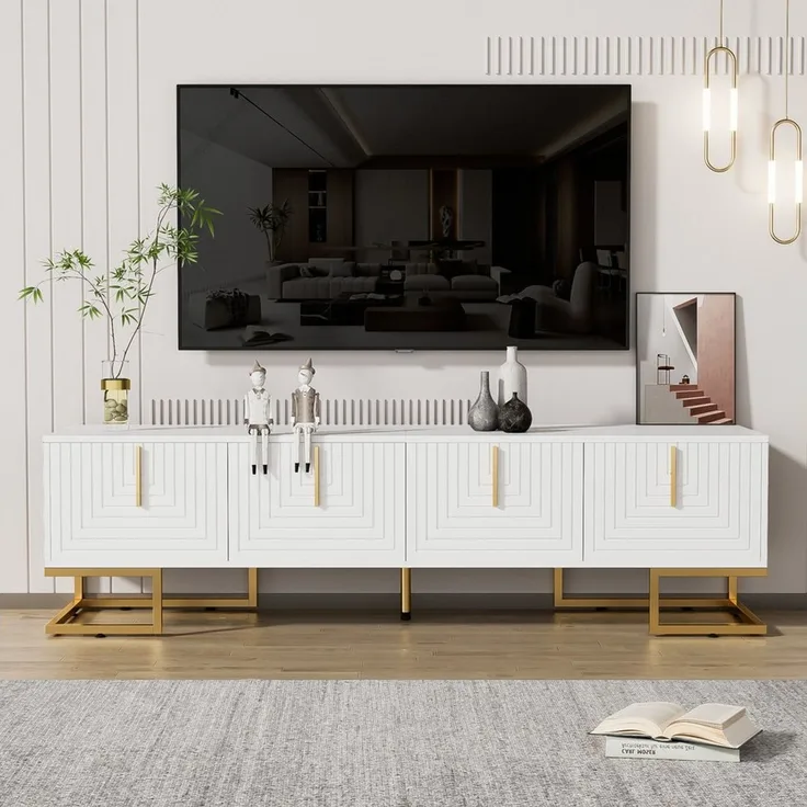 BlingBin TV-Schrank Lowboard Lowboard mit Strukturierter Tür (1er Set, 1-St, Wohnzimmer-TV-Möbel 170 x 40 x 45,5 cm) TV-Möbel mit Schubladen, Goldenen Griffen und Goldenen Füßen