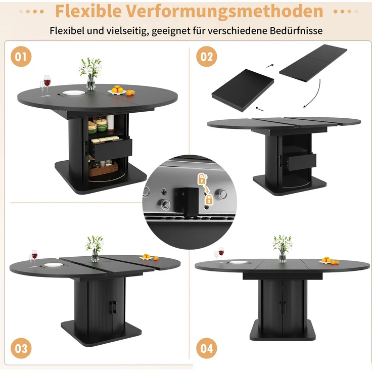 Esstisch 118-158x118x76 cm ausziehbar in Schwarz, MDF mit flexiblem Umbau und Stauraum – Bild 8