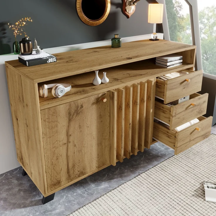 Merax Sideboard Kommode mit 3 Schubladen und 2 Türen Stauraumschrank mit offenem Fach und Lamellenfront im Vintage Stil für Wohnzimmer Esszimmer Flur und Eingangsbereich in dunkler Eiche – Bild 1