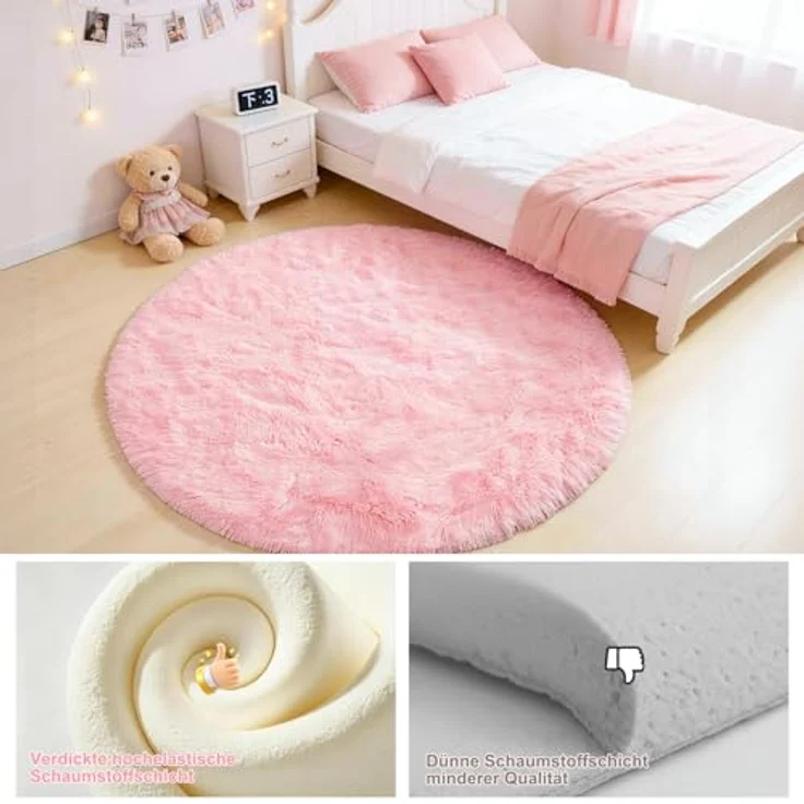 ROHATIM Teppich Schlafzimmer Rund 150 cm Rosa Waschbar Rutschfester Runder Hochflorteppich Wohnzimmer Kinderzimmer Mädchen Flauschig – Bild 7