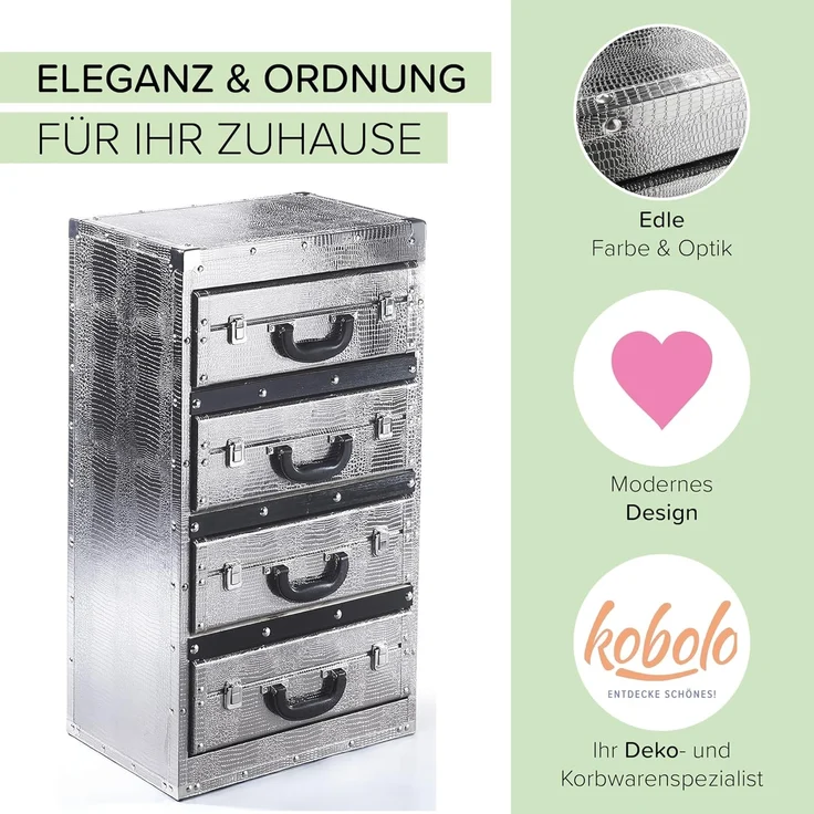 Kobolo Regal Kommode Schubladenturm Kofferoptik silber 4 Fächer – Bild 4