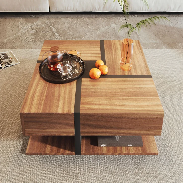 Merax Hochglanz-Couchtisch, Tisch mit 4 Schubladen, einzigartige Farbabstimmung und Liniendesign, Stauraum unten, braun – Bild 5