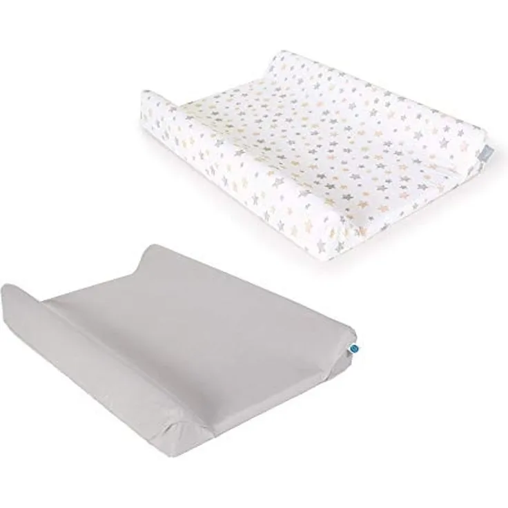 Ceba Baby Bezug für Wickelauflage - 2er Set Wickelauflagenbezüge für den 2-Keil Wickelmulde 50x70 / 50x80 cm - Überzug für Wickelunterlage - Baumwolle, extra dick - Hellgrau + gelbe Sterne