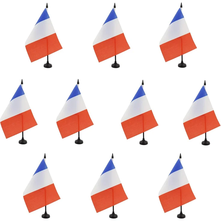 AZ FLAG 10 Stück Tischflagge Frankreich, 21x14 cm – 10 kleine französische Büroflaggen, 100% Polyester, mit Fahnenstange von 25 cm und Sockel aus schwarzem Kunststoff