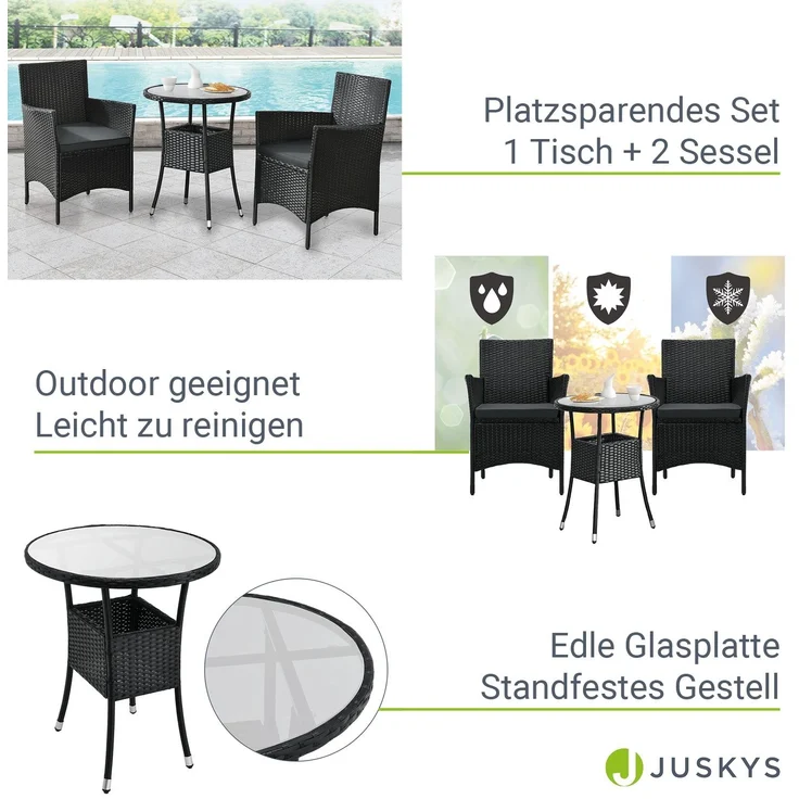 Juskys 'Bayamo' Balkon-Set für 2 Personen – Tisch, 2 Stühle mit Auflage, Polyrattan schwarz / grau – Bild 12