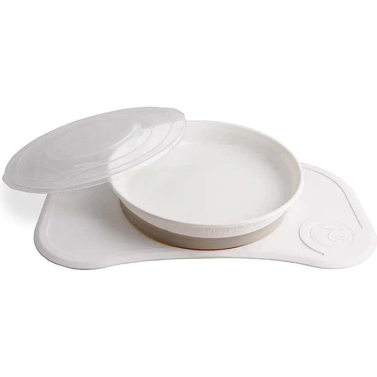 Twistshake Click-Mat Mini + Platte | Anti-Rutsch-Geschirrset für Babys | Babyteller + Baby-Tischset (31x17) | BPA-freier Baby-Entwöhnungsteller | Essenstrainingsplatte für Kinder ab 6m+ | Weiß