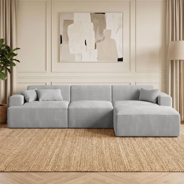 skølm 'Freki' Cloud Sofa 3 Sitzer mit Hocker, Vollschaumcouch mit Federkern und Vakuum-Kompression, kein Aufbau erforderlich, mit 3 Kissen, Cord grau – Bild 1