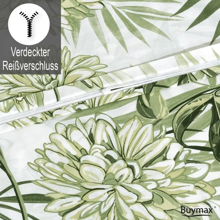 Buymax Bettwäsche Amazing Green, Renforcé: 100% Baumwolle, 3 teilig, 200x220 cm, Bettbezug-Set, mit Reißverschluss, Blumen Eukalyptus Grün – Bild 4